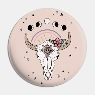 Boho Tribal Cow Skull with Flowers - blush Pin