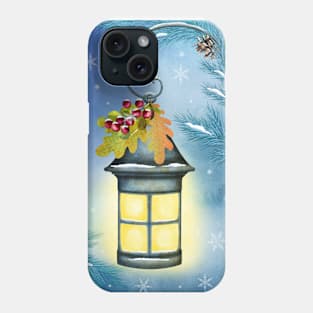 Vintage streetlight on winter background. Watercolor winter holidays illustration. Magic scenery print Phone Case