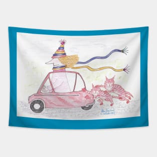 MadCatWoman push starts her Heinkel Bubble Car Tapestry