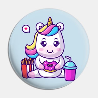 Cute Unicorn Eating Donut With French Fries And Soda Cartoon Pin