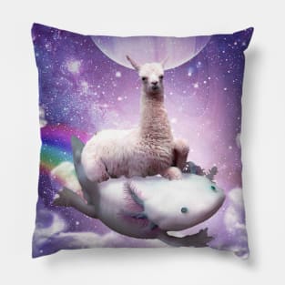 Space Llama Riding Axolotl - Rainbow Pillow