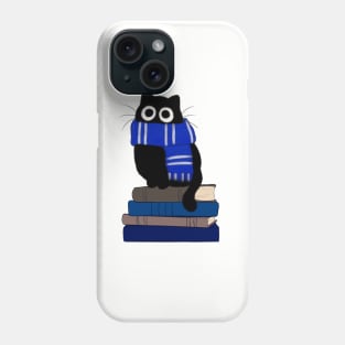 cat with blue scarf on stack of books Phone Case