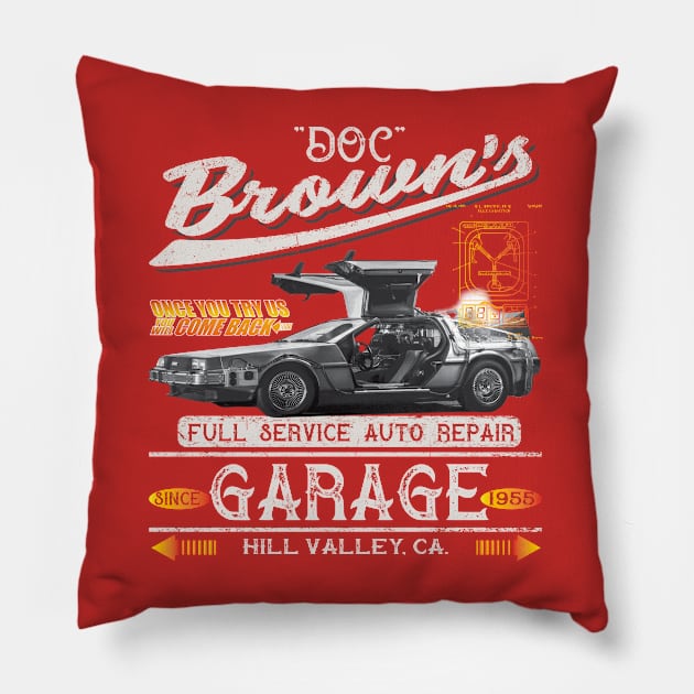 Doc Brown's Auto Repair Shop Pillow by Alema Art