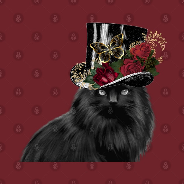 BLACK CAT WEARING TOP HAT WITH RED ROSES by KutieKoot T's