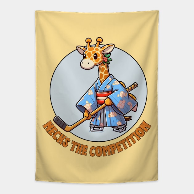 Ice hockey giraffe Tapestry by Japanese Fever