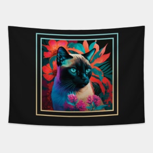 Sneezy Siamese Cat Vibrant Tropical Flower Digital Oil Painting Portrait Tapestry