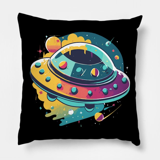 Colorful Watercolor UFO Spaceship Design Pillow by TF Brands