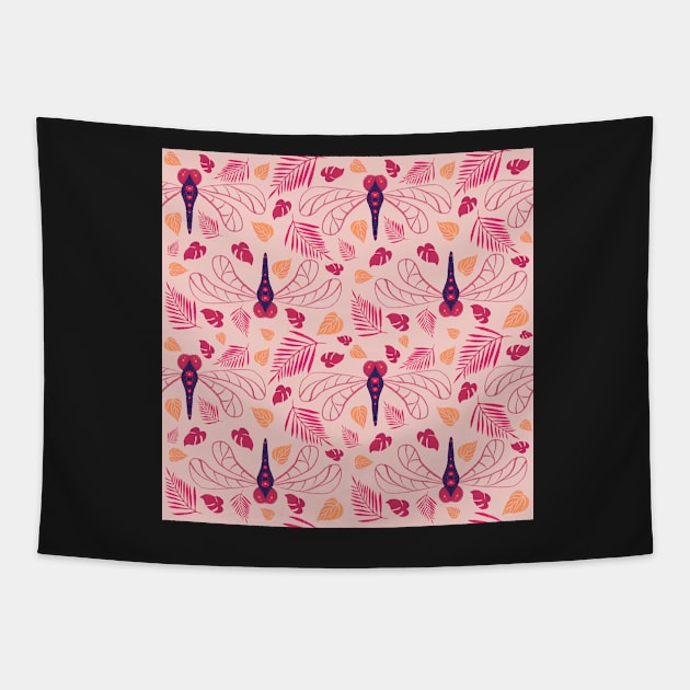 Red Dragonfly and Orange Leaf Pattern on Pink Tapestry by OneLook