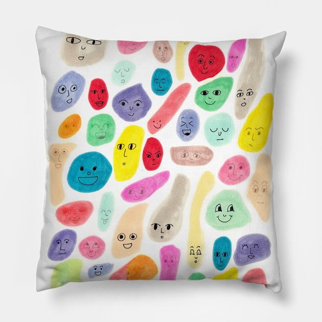 Colored Faces Pillow by littleoddforest