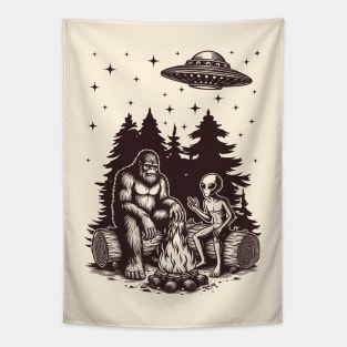 Bigfoot And Alien Camping Tapestry