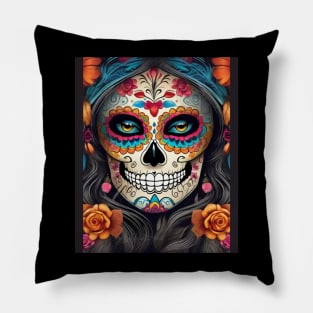 Celebrate life's vibrancy: Woman in exquisite sugar skull makeup Pillow