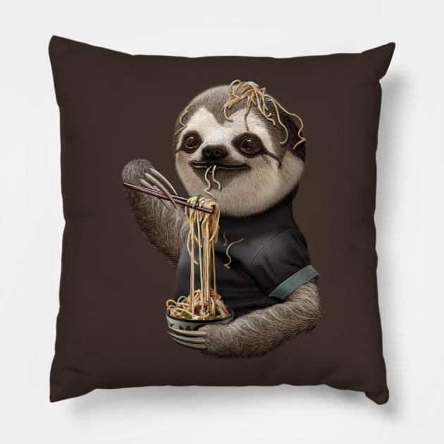 SLOTH EATING NOODLE Pillow by ADAMLAWLESS