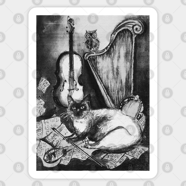 MUSICAL CAT AND OWL WITH MUSIC INSTRUMENTS In Black White - Funny Cats - Sticker