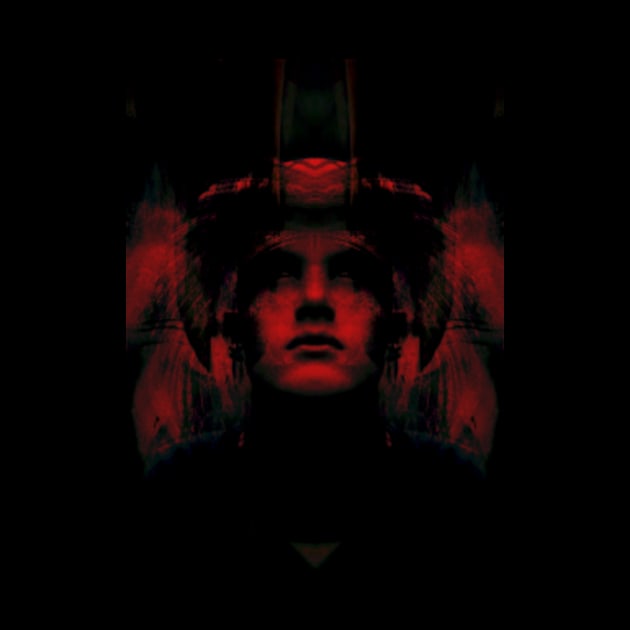 Portrait, digital collage, special processing. Dark, strong. Guy face looking up high. Fantasy. Red. by 234TeeUser234