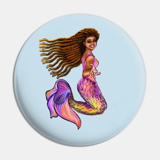 Best mermaid gifts 2022. Mermaid  with rainbow coloured colored fins, braids, outstretched  arm, brown eyes, Curly hair  and caramel brown skin - light background Pin