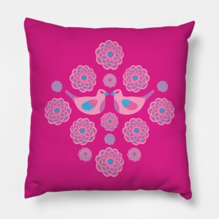 LOVELY Cute Love Birds and Big Floral Bloom Flowers in Barbiecore Light Pink on Fuchsia Hot Barbie Dark Pink - UnBlink Studio by Jackie Tahara Pillow