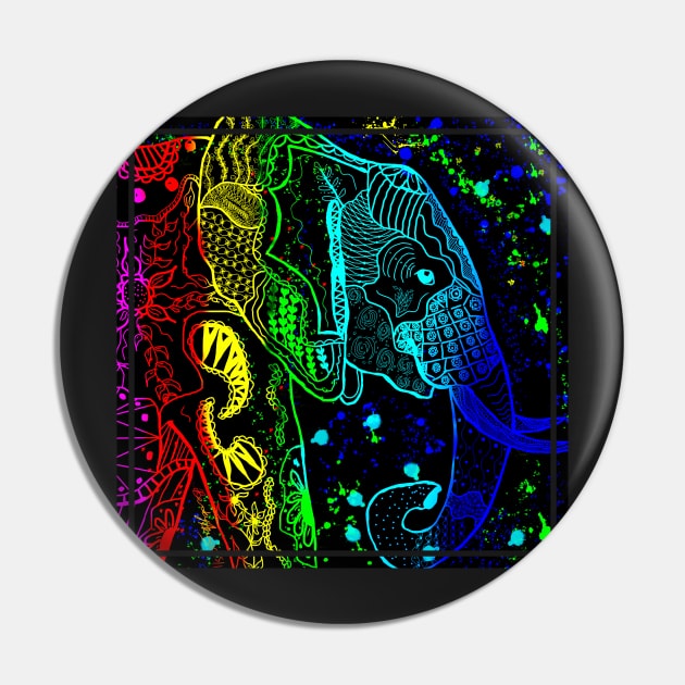 Rainbow Zentangle Elephant with Black Background Pin by BHDigitalArt