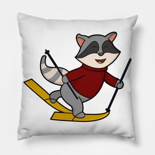 Raccoon as Skier with Skis and Ski poles Pillow