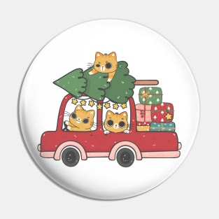 Cute kawaii ginger orange kitten cat on Christmas car cartoon Pin