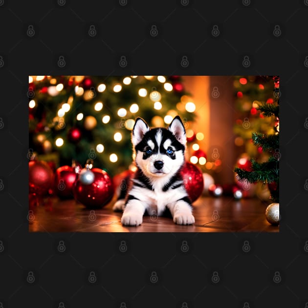 Tiny Husky Puppy Dog by Christmas Tree by nicecorgi