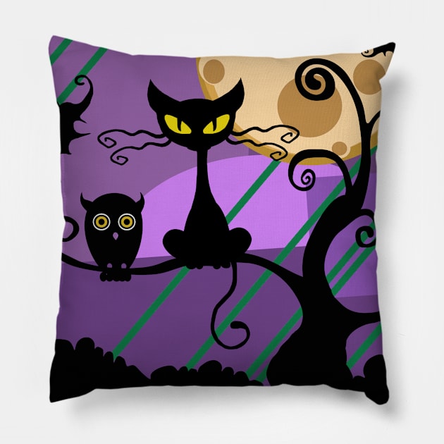 Halloween Night Owl & Cat & Bat Pillow by holidaystore