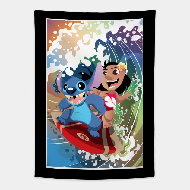 Alien Dog and Surfer Girl Tapestry by CuddleswithCatsArt