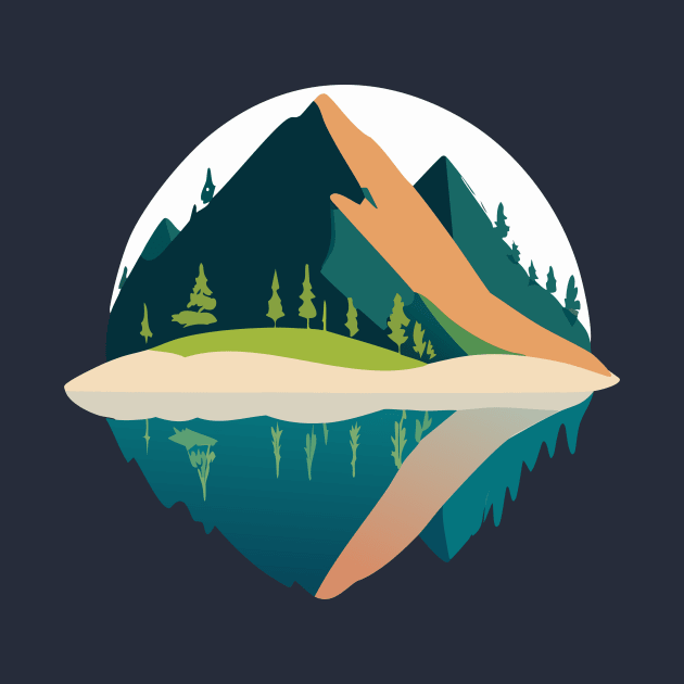 t-shirt design, painting of a mountain with trees and water, a detailed painting by goingplaces