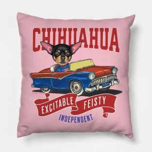 Funny and Cute Chihuahua dog driving a vintage classic retro car with red white and blue banner tee Pillow