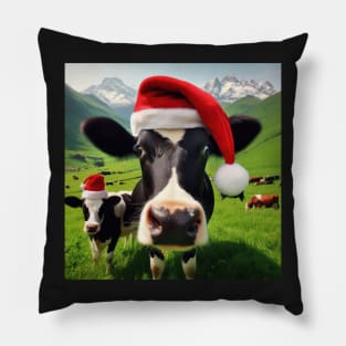 cow in the field wearing santa hat Pillow