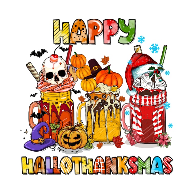 Coffee Halloween Thanksgiving Christmas Happy Hallothanksmas T-Shirt by Krysta Clothing