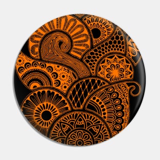 Abstract Mandala design (orange on black) Pin