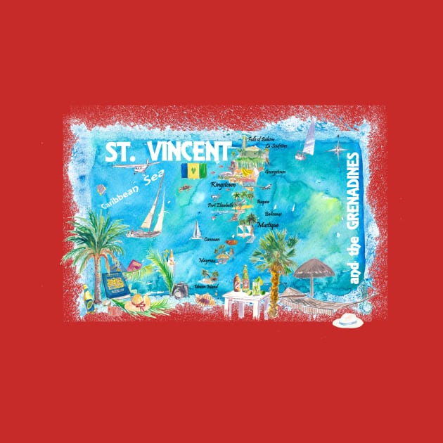 St Vincent Grenadines Illustrated Travel Map with Roads and Highlights by artshop77