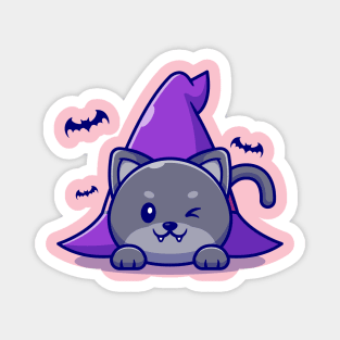 Cute Witch Cat Laying Under Witch Hat Cartoon Magnet