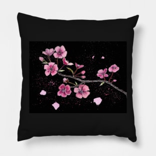 Cherry Blossoms in Watercolor and Pencil with a black background Pillow