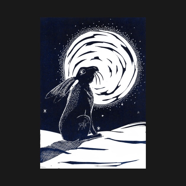 Moon Gazing Hare in Winter Linocut by Maddybennettart