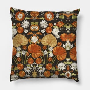 JAPANESE SPRING FLOWERS AND LEAVES Antique Floral Embroidery Pillow