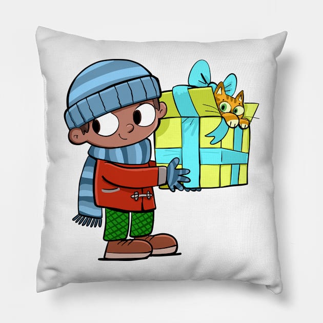 boy is holding a gift with a cat peeking out from it Pillow by duxpavlic