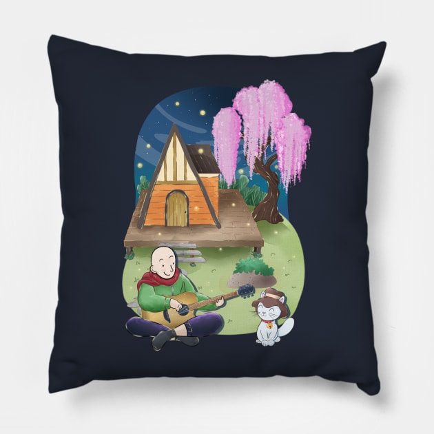 Cozy A frame cottage, man, cat, guitar at night, sakura willow tree Pillow by Ember Moon Forest Friends