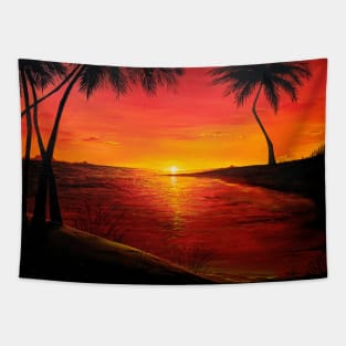 Red Sunset on the Beach Tapestry