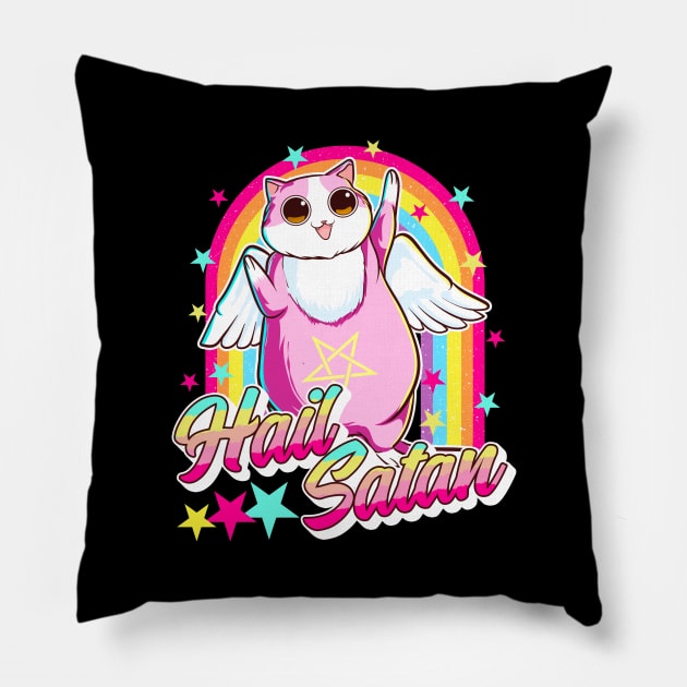 Cute Hail Satan Cat Rainbow Kitty Heavy Metal Pillow by theperfectpresents