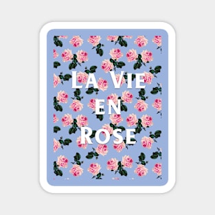 La Vie En Rose on blue - pink scattered vintage roses on blue Magnet