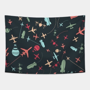 Black Airplane and Aviation Pattern Tapestry