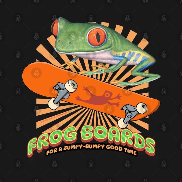 cute and funny red eyed tree frog riding a skateboard having a jumpy bumpy good time tee by Danny Gordon Art