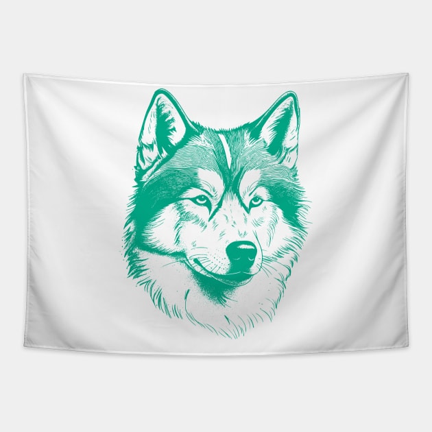 Alaskan Malamute dog minimalist art drawing in turquoise green Tapestry by Danielleroyer