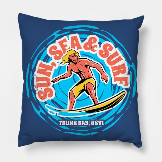 Vintage Sun, Sea & Surf Trunk Bay, US Virgin Islands // Retro Surfing // Surfer Catching Waves Pillow by Now Boarding