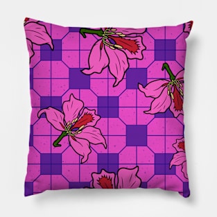 Hong Kong Bauhinia with Pink and PurpleTile Floor Pattern - Summer Flower Pattern Pillow