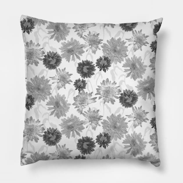 Pressed Pom Pom Gray Flowers Pillow by Carolina Díaz