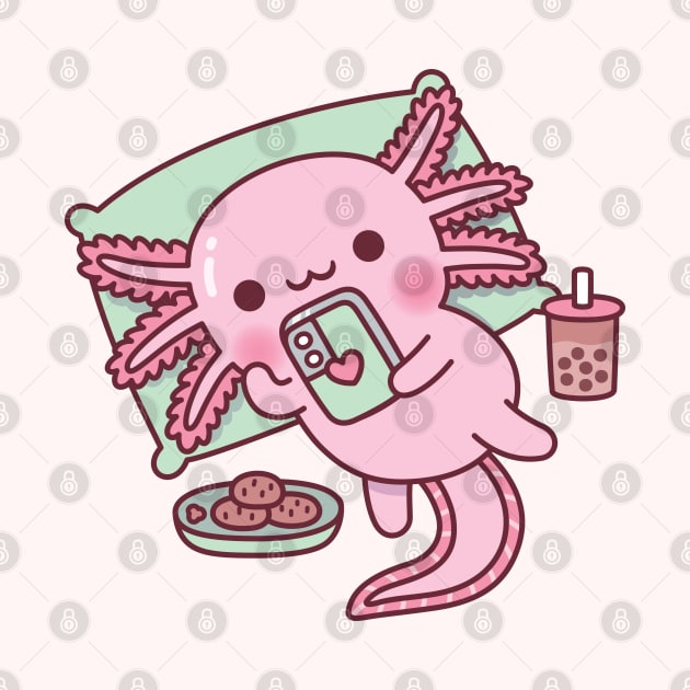 Cute Axolotl Chilling With Handphone Boba Tea And Cookies by rustydoodle