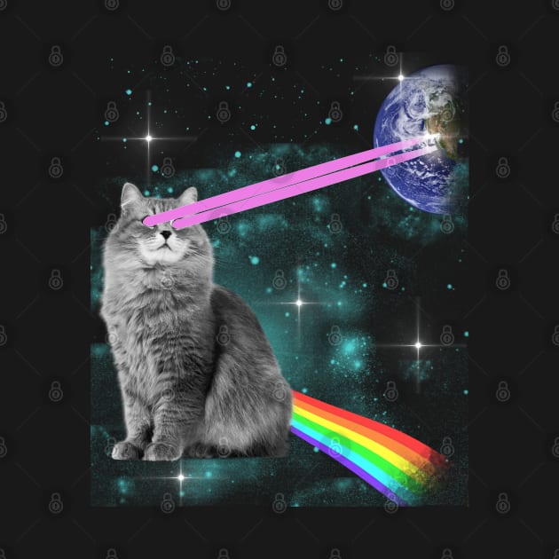 Outer Space Kitty Cat Laser Eyes Rainbow Earth by JakeRhodes