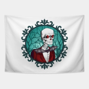 Red-eyed skull in a tuxedo Tapestry